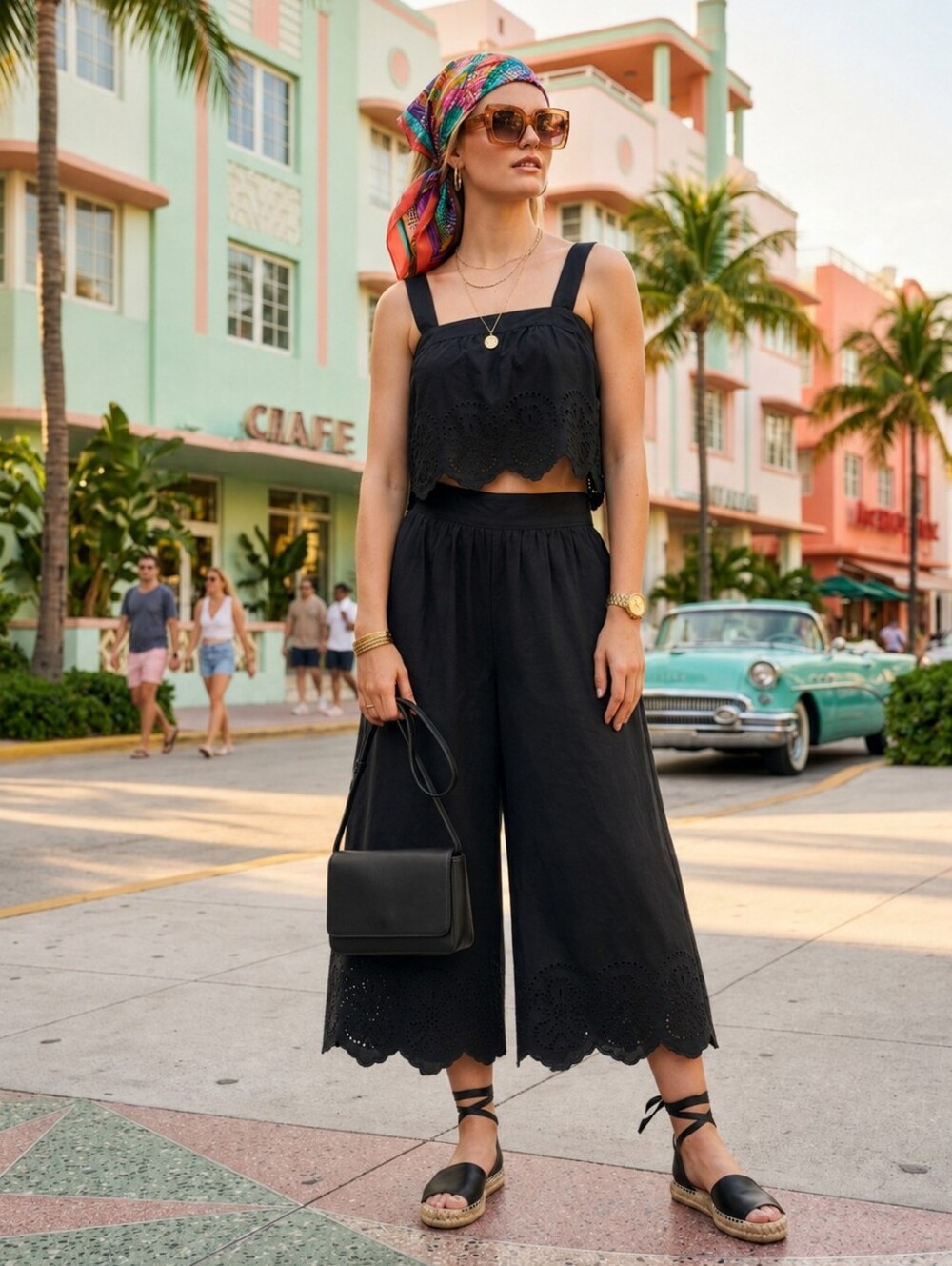 Caroline Constas 2-Piece Embroidered Cotton Crop Top & Wide Leg Pant Set Size S